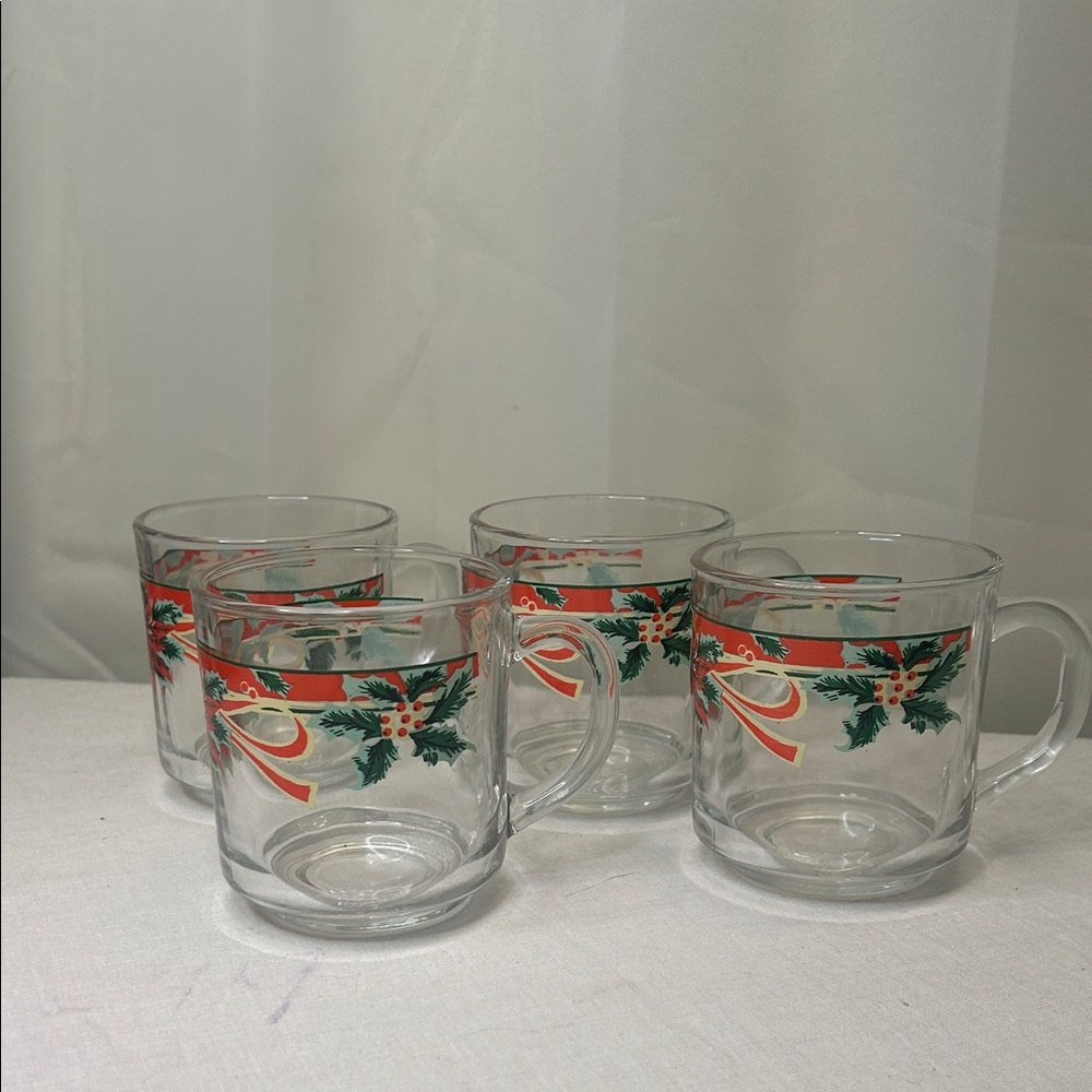 Vintage KIG Holiday Glass Mugs Set of 4 – Holly & Ribbon Print – Indonesia
